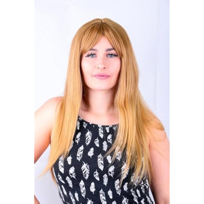 DILLARDS Premium Straight Blonde Wig, Long Length, Natural Looking Synthetic Hair with Bangs, Heat Resistant, Feather Print Styling - Image 4